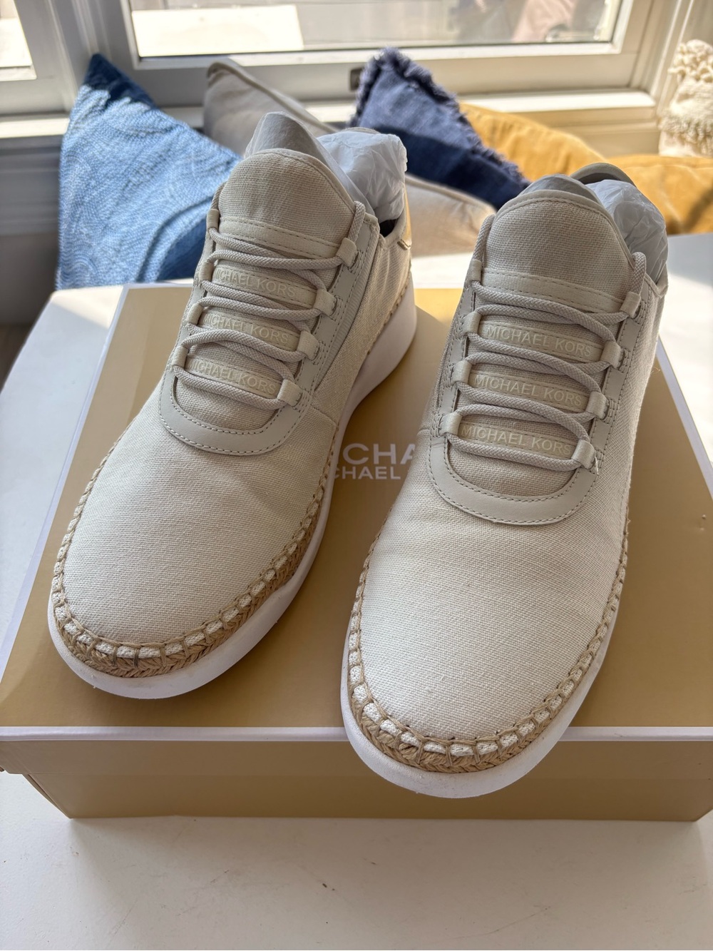 Michael Kors Womens Cream Canvas Espadrille-Trim Sneakers